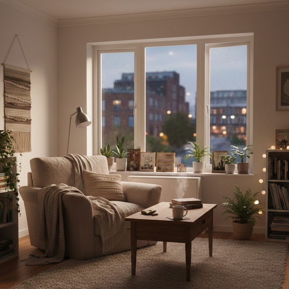 Vue sur un salon d'appartement, la ville de Barcelone en fond