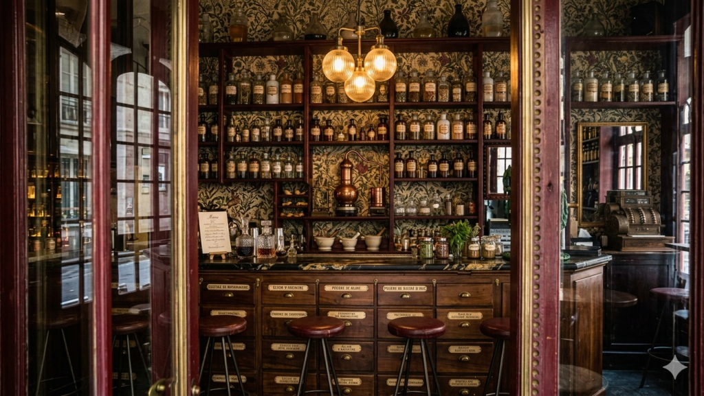 Intérieur du célèbre bar à cocktails Dr. Stravinsky dans le quartier Cuitat Vella à Barcelone. Un décor d'apothicaire vintage avec alambics en cuivre, idéal pour une étape insolite et visuelle dans votre liste des 15 choses à faire à Barcelone avec un budget limité.