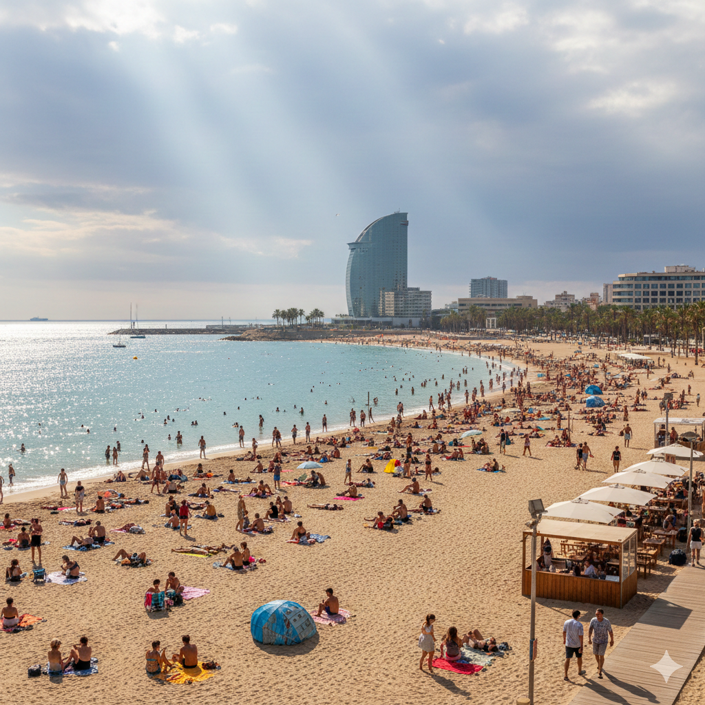 Vue panoramique de la plage du Somorrostro à Barcelone sous un ciel nuageux, montrant la promenade animée, les baigneurs sur le sable doré et l'emblématique hôtel W en arrière-plan.