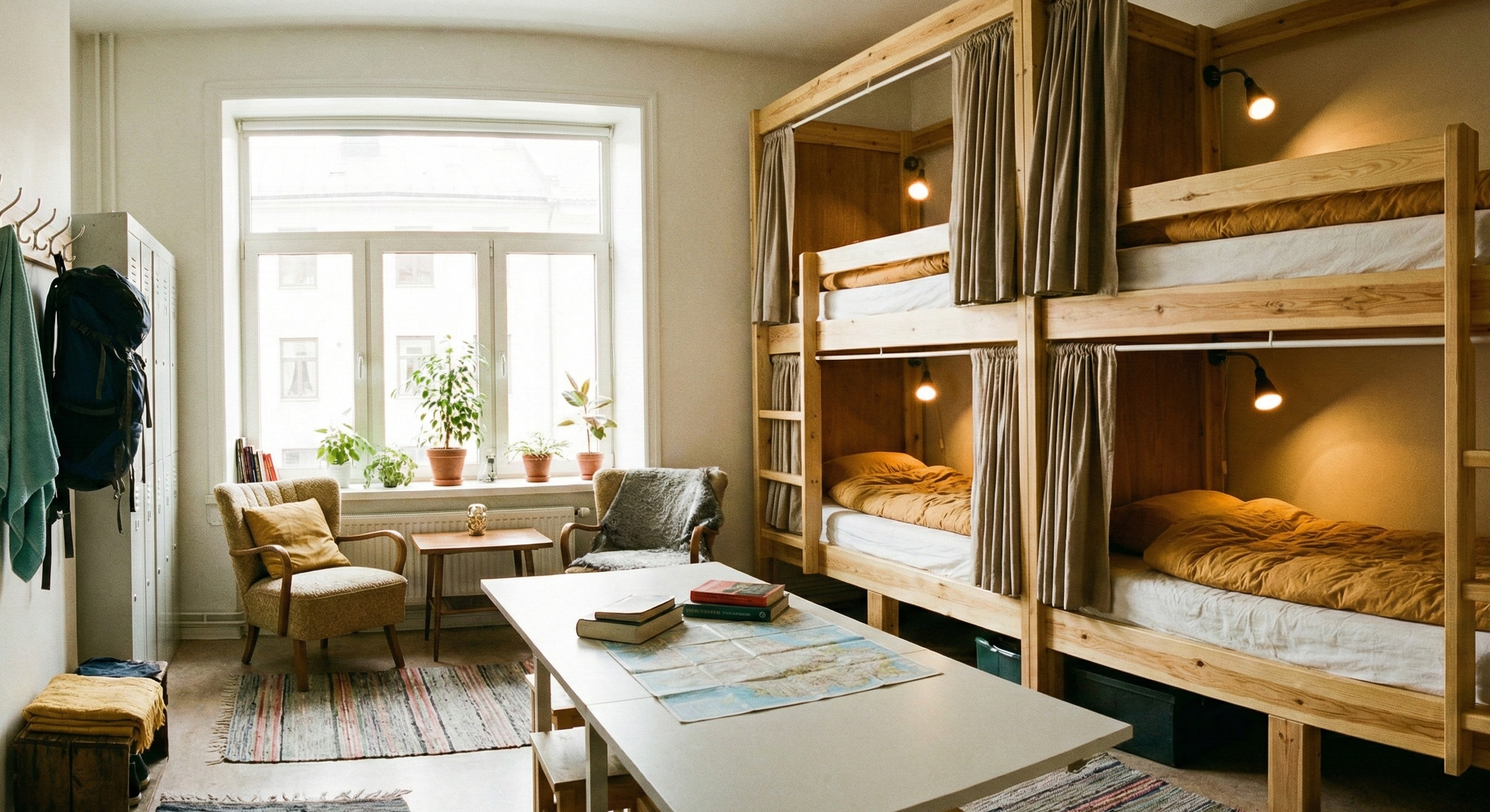 Vu sur une chambre commune d'auberge de jeunesse avec 4 lit et espace salon à Barcelone