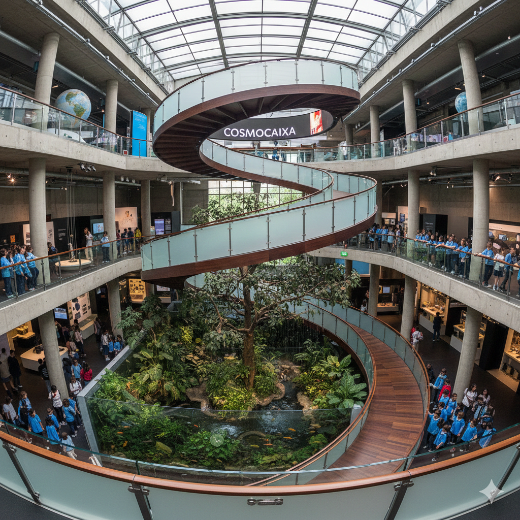 Architecture intérieure du musée CosmoCaixa montrant l'escalier en spirale, qui entoure l'Arbre de Vie, une activité idéale à faire à Barcelone avec un budget limité.