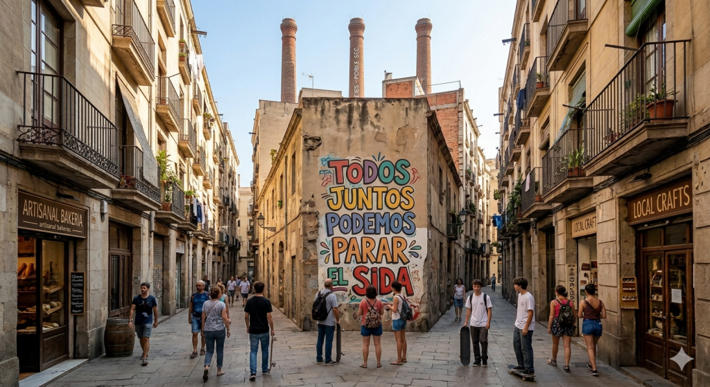 la célèbre fresque murale 'Todos juntos podemos parar el SIDA' située dans une ruelle animée du quartier du Raval. Une étape culturelle incontournable pour les voyageurs cherchant 15 choses à faire à Barcelone avec un budget limité.
