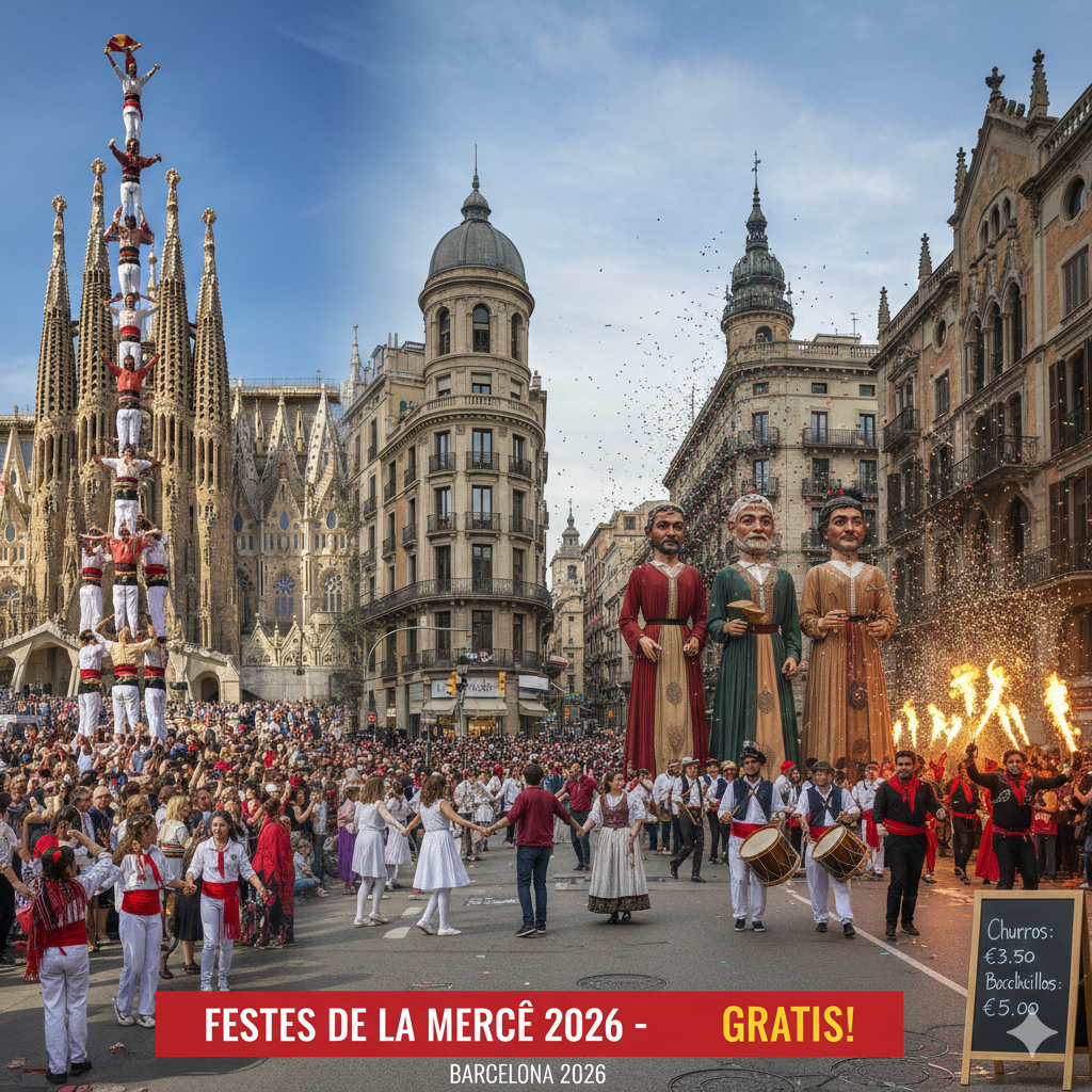 Festivités de La Mercè 2026 à Barcelone avec des Castellers devant la Sagrada Família, des géants (Gegants) et des danseurs de Sardane dans les rues. Ambiance festive et gratuite avec animations culturelles catalanes traditionnelles.
