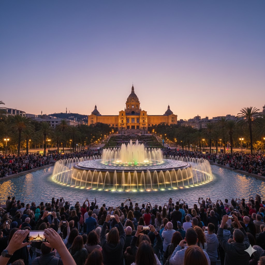 Fontaines de Montjuic pendant le spectacle gratuit le soir