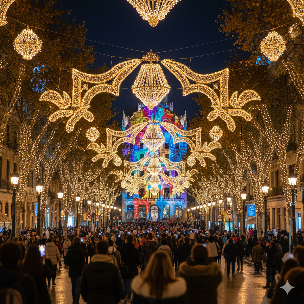 Spectacle de lumières et décorations de Noël à Barcelone, idée de sortie gratuite pour un voyage avec un budget limité.