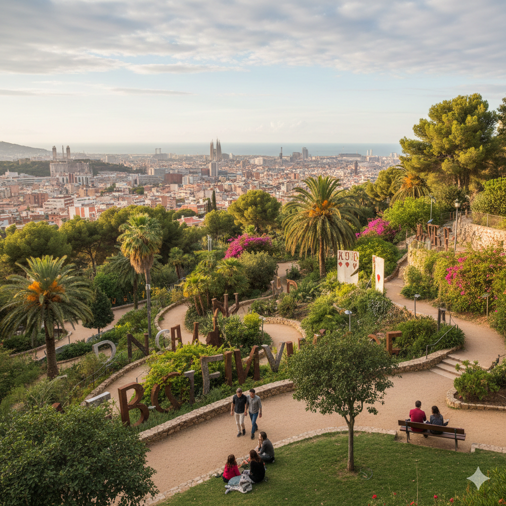 Vue panoramique des Jardins de Joan Brossa sur la colline de Montjuïc à Barcelone, montrant les sentiers de promenade et la végétation méditerranéenne.