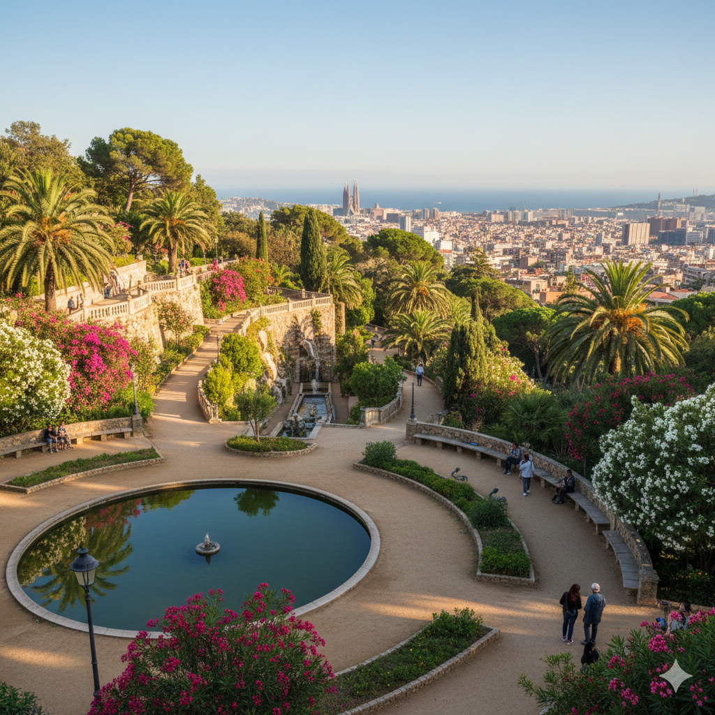 Vue panoramique sur les Jardins de Montjuïc avec fleurs méditerranéennes et panorama sur la ville de Barcelone.