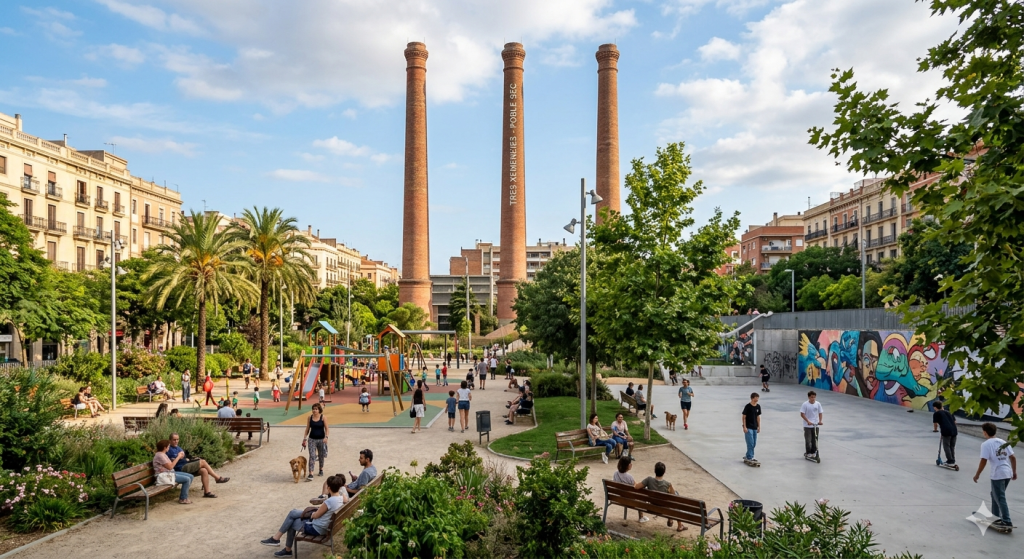 Une vue panoramique du parc des Jardins de les Tres Xemeneies à Barcelone, un espace public gratuit parfait pour les voyageurs au budget limité. Les trois cheminées emblématiques en briques rouges s'élèvent majestueusement au centre de la composition. Des immeubles d'appartements typiques de Barcelone entourent le parc, capturant l'atmosphère urbaine et animée de la ville.