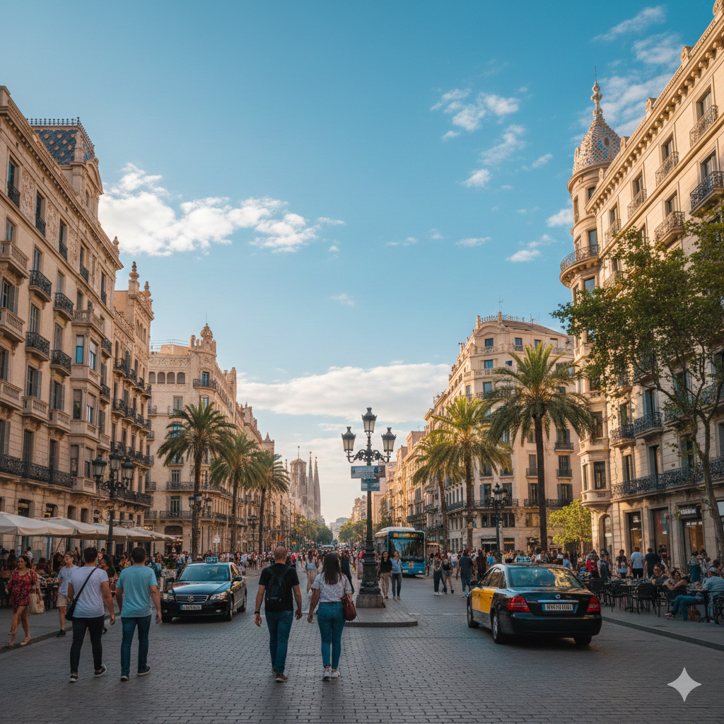 Vue du Passeig de Gràcia à Barcelone avec ses larges trottoirs, ses lampadaires modernistes et ses boutiques de luxe.