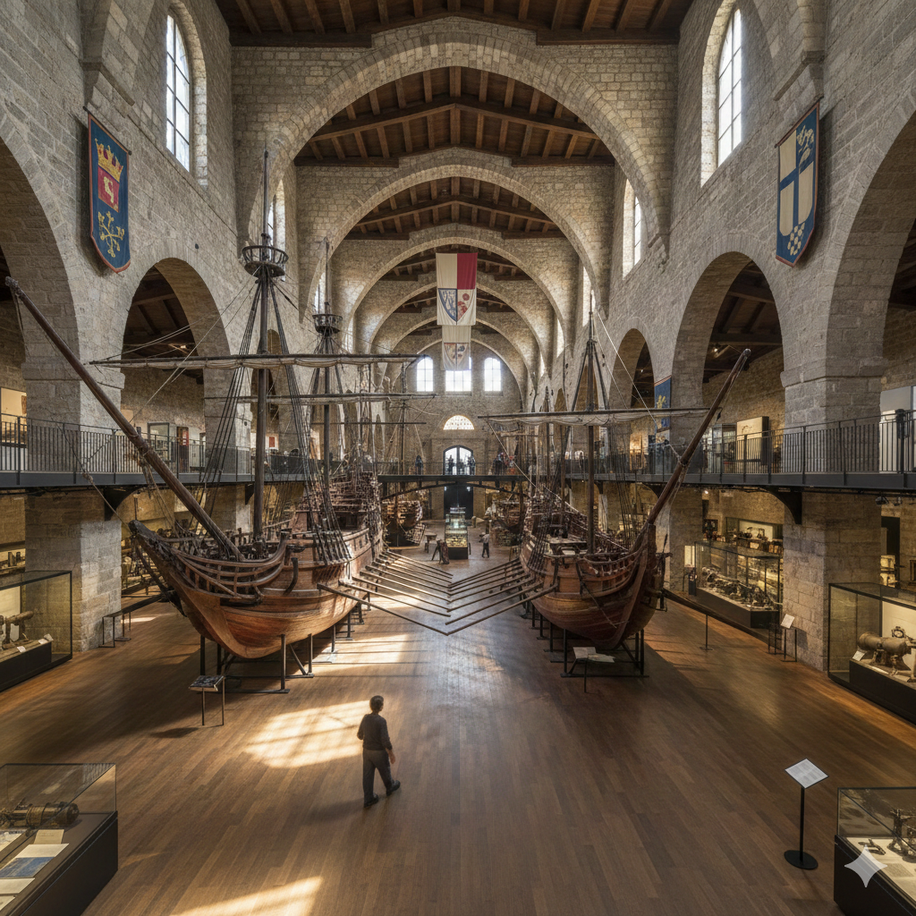 Intérieur du Musée Maritime de Barcelone avec répliques de bateaux historiques, une idée d'activité gratuite ou pas cher à faire à Barcelone.
