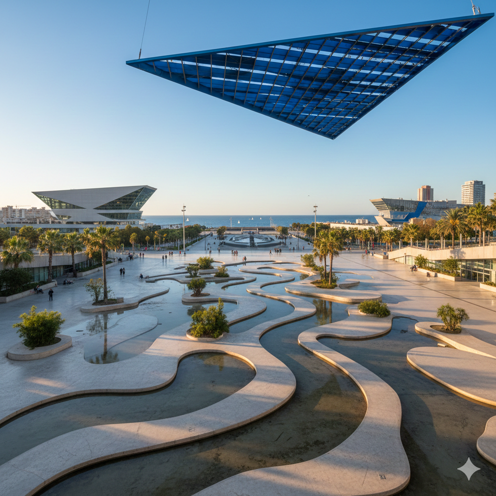 Vue panoramique de l'esplanade du Parc del Fòrum à Barcelone avec le bâtiment bleu triangulaire du Musée des Sciences Naturelles (Edifici Fòrum) sous un ciel dégagé.