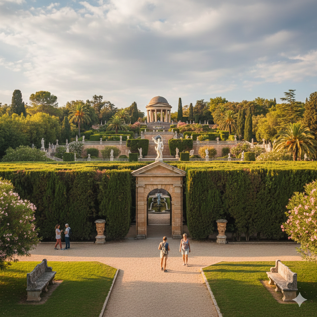 Vue du labyrinthe de cyprès taillés du Parc del Laberint d'Horta, le plus vieux jardin de Barcelone.