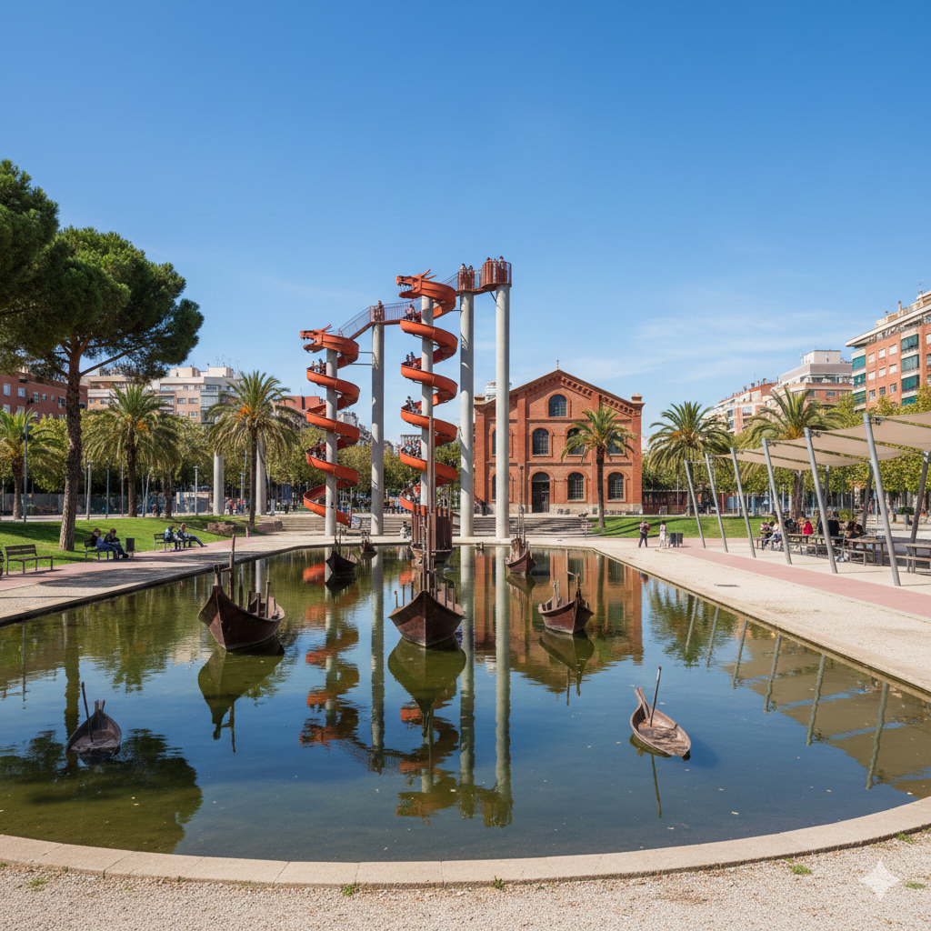 Sculpture monumentale du dragon de fer dans le Parc de l'Espanya Industrial à Barcelone, design moderne près de la gare de Sants.