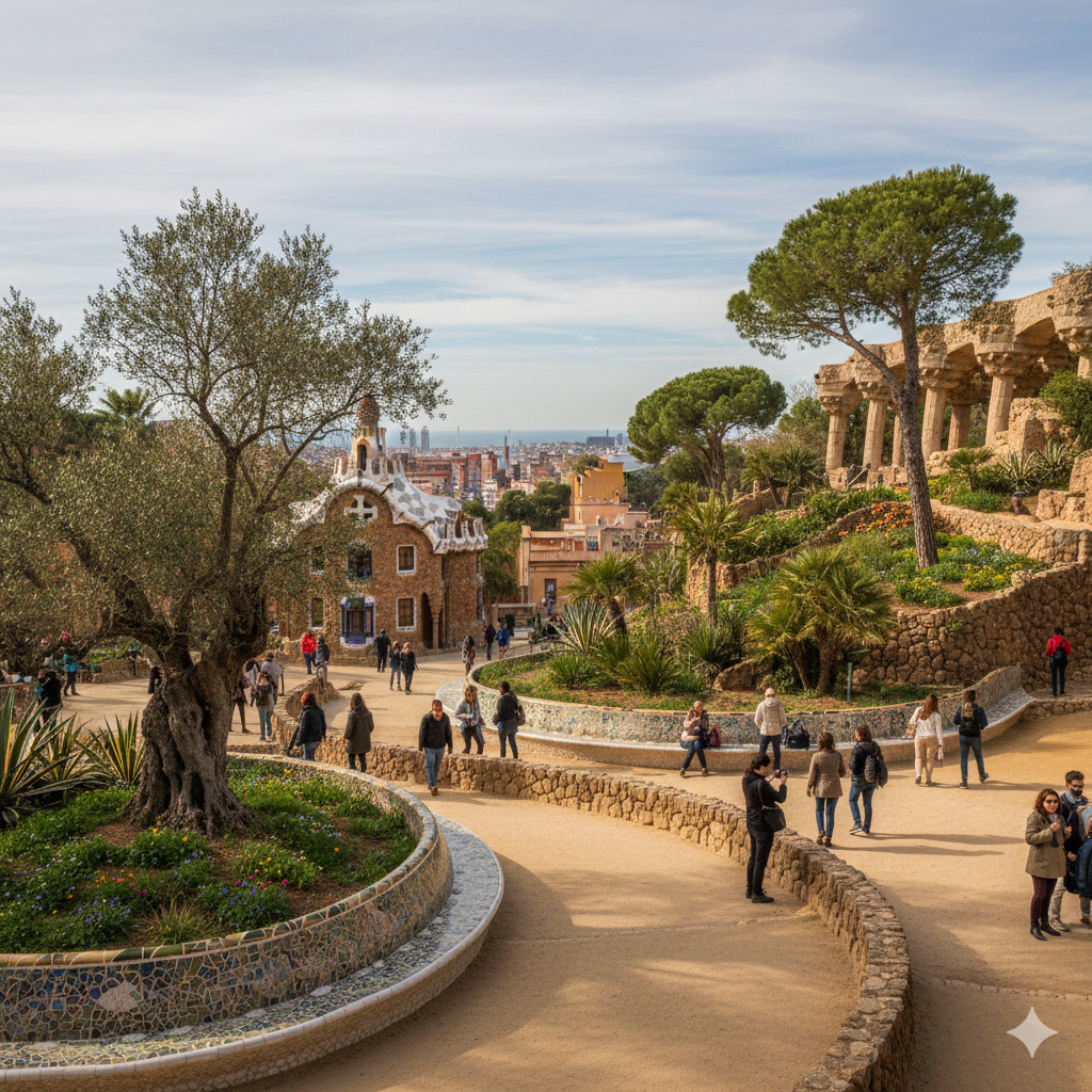 Entrée du Parc Güell à Barcelone avec les pavillons de conciergerie à l'architecture moderniste d'Antoni Gaudí sous un ciel bleu.