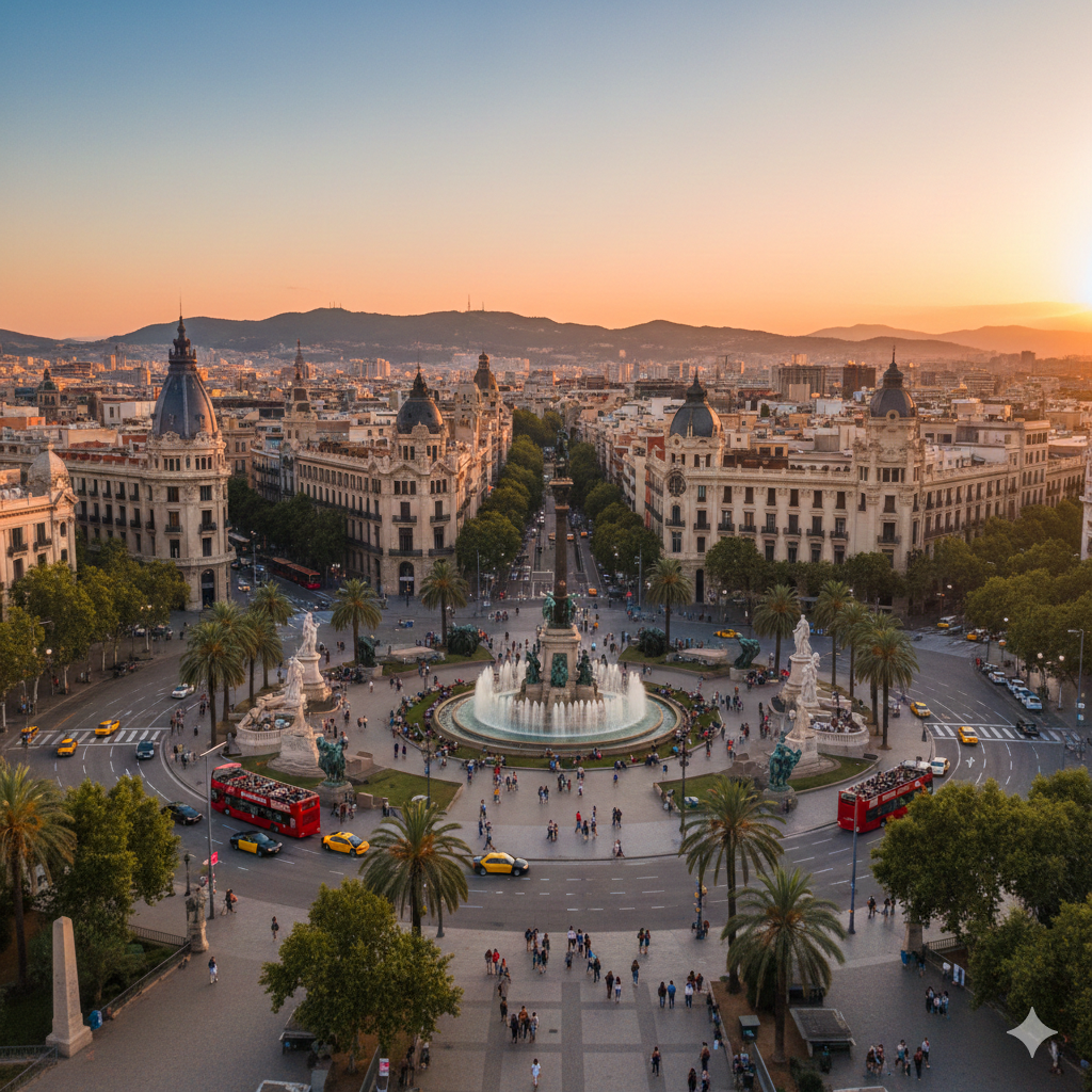 La place de Catalogne, une des principales places de Barcelone. Elle relie la Vieille-ville de Barcelone et l'Eixample. La place est à côté de plusieurs rues importantes de la ville comme le Passeig de Gràcia et La Rambla.