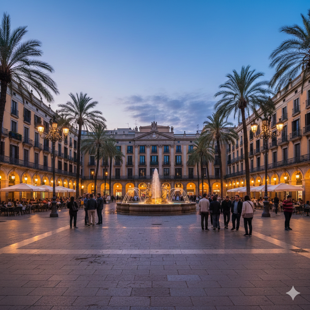 Vue panoramique de la Plaça Reial à Barcelone avec ses palmiers, ses bâtiments jaunes à arcades et ses terrasses de café.