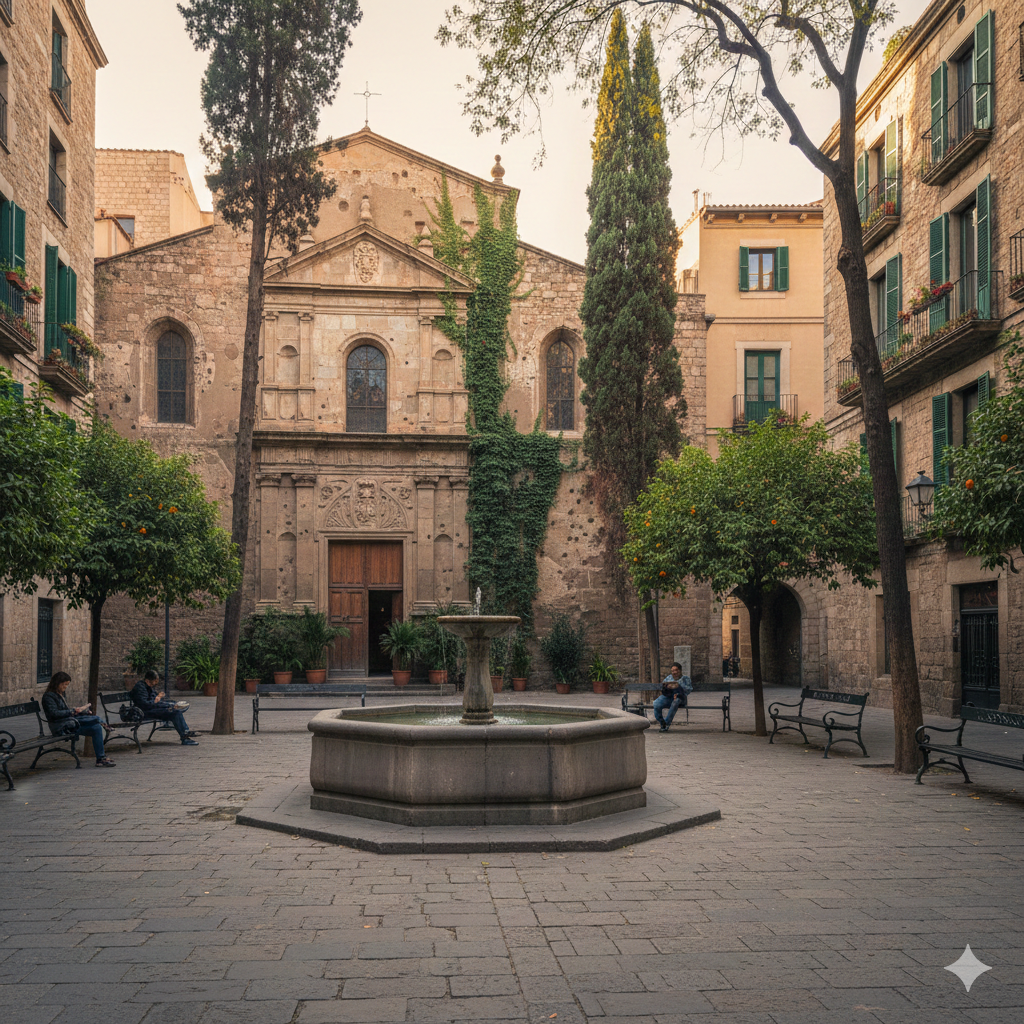 Vue de la fontaine centrale et de l'église baroque sur la Plaça de Sant Felip Neri dans le quartier gothique de Barcelone. Un lieu à visiter avec un buget limité