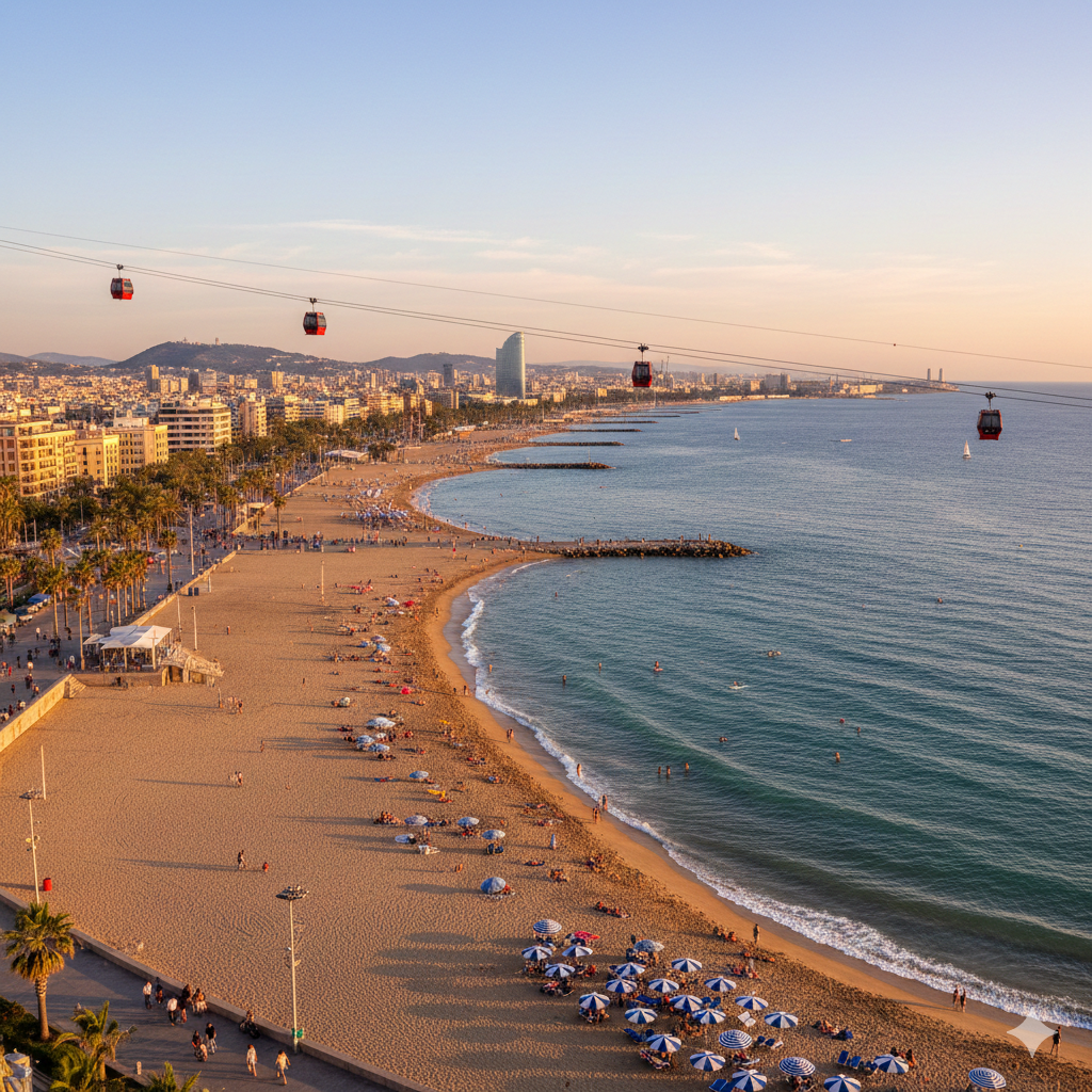 Vue aérienne d'une plage à Barcelone, avec son téléphérique et la ville en fond