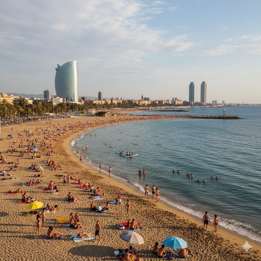Vue panoramique de la plage de la Barceloneta à Barcelone avec ses baigneurs sur le sable doré, l'hôtel W en forme de voile en arrière-plan et la mer Méditerranée sous un ciel bleu.