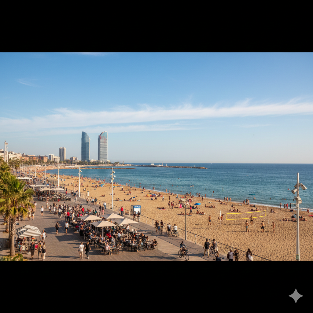 Vue ensoleillée de la plage Nova Icària à Barcelone, montrant l'étendue de sable fin, les vagues de la Méditerranée et les tours emblématiques du Port Olímpic à l'horizon.