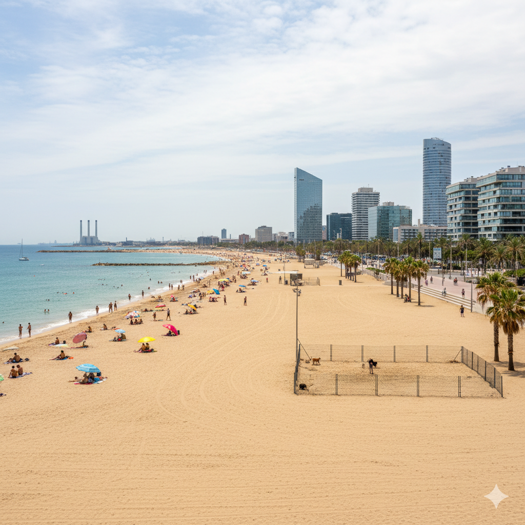 Vue ensoleillée de la plage de Llevant à Barcelone. La plage est animée par quelques baigneurs et des parasols colorés. En arrière-plan, on distingue l'architecture moderne du quartier de Diagonal Mar avec ses hauts immeubles résidentiels blancs, sous un ciel bleu azur dégagé.