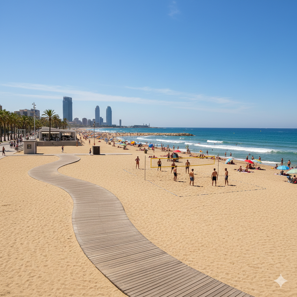 Vue panoramique de la plage de Bogatell à Barcelone, montrant de nombreux baigneurs, la promenade maritime et l'emblématique hôtel W en forme de voile à l'horizon sous un ciel lumineux.