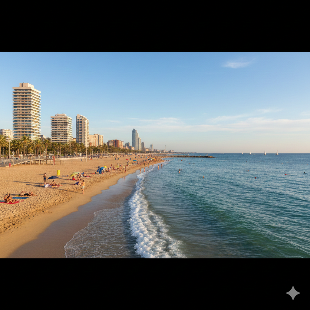 Vue panoramique de la plage Nova Mar Bella à Barcelone sous un ciel bleu clair. On y voit une large étendue de sable doré, bordée par une mer Méditerranée aux eaux calmes et turquoise. En arrière-plan, les immeubles modernes du quartier de Poblenou et quelques voiliers au loin complètent le paysage urbain et maritime.