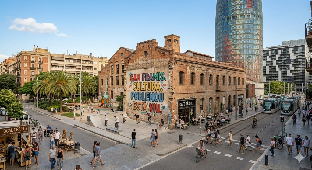 Une vue panoramique du quartier dynamique de Poblenou à Barcelone, illustrant une sortie culturelle gratuite. Au centre, un bâtiment industriel en briques rouges restauré arbore une grande peinture murale colorée