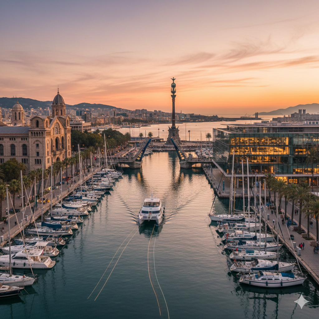 Vue panoramique du Port Vell à Barcelone avec ses bateaux de plaisance et le centre commercial Maremagnum.