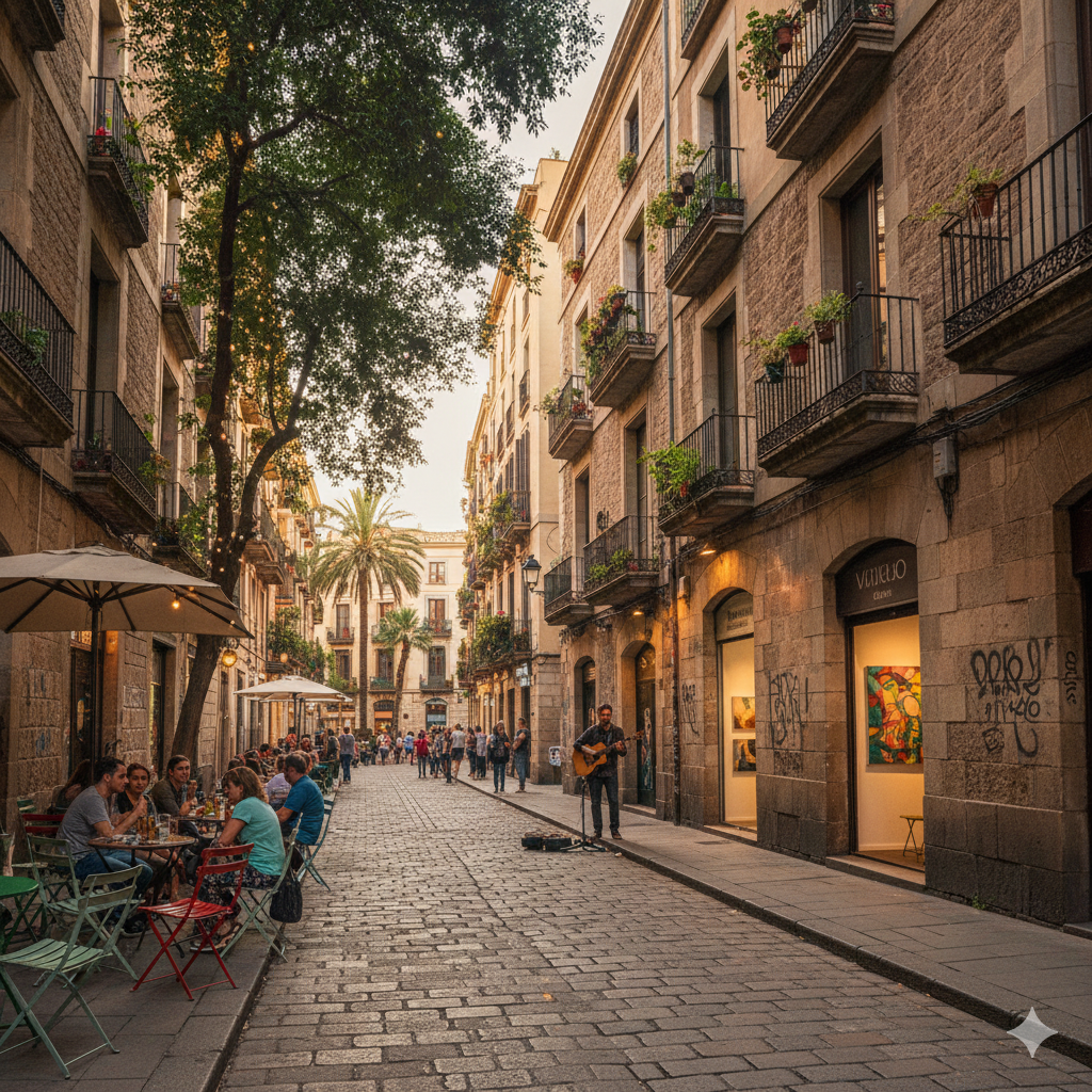 Une ruelle pavée pittoresque du quartier d'El Born à Barcelone avec des terrasses de cafés, un musicien de rue et des façades historiques, illustrant les activités gratuites et authentiques à faire à Barcelone.