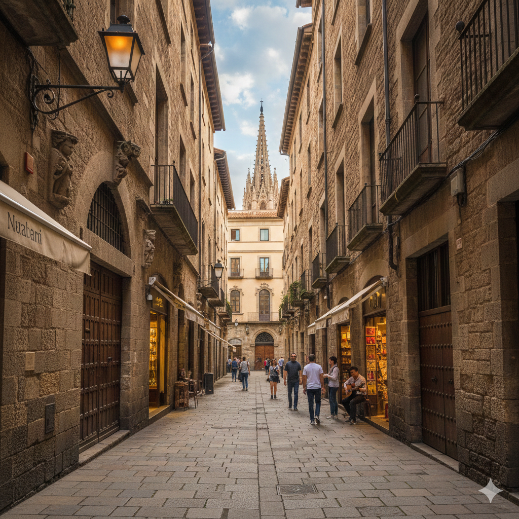 Quartier Gotique de Barcelone, appelé Barri Gotic, où on peut retrouver la cathédrale de Barcelone ainsi que le temple d'Auguste, des lieux parfaits pour découvrir la ville à petit budget