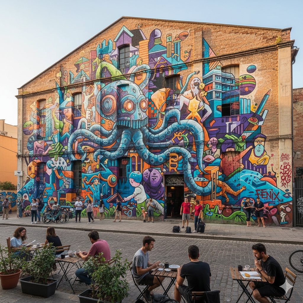 Découvrir le street art du quartier de Poblenou est l'une des meilleures options de notre liste des 15 choses à faire à Barcelone pas cher. Sur cette photo, on peut voir une immense fresque murale sur un bâtiment industriel, illustrant un poulpe géant et des visages expressifs, témoignant de la richesse culturelle et alternative de la capitale catalane.